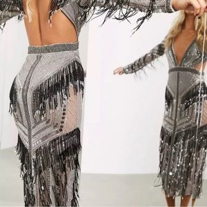 ASOS Graphic Beaded Fringe Plunge Midi Dress in Gray